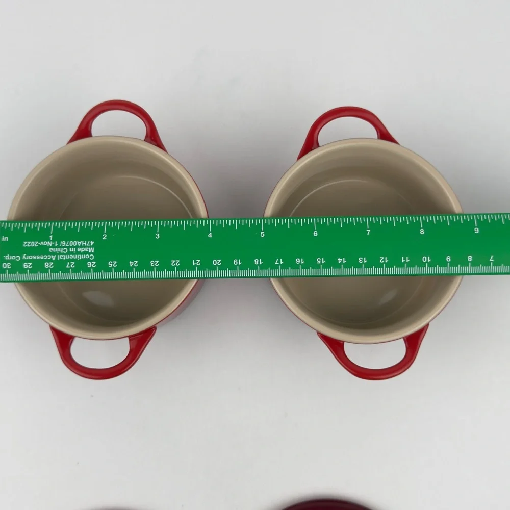 Le Creuset Cerise Red 8 oz Mini Round Cocotte Stoneware Set of 2 New